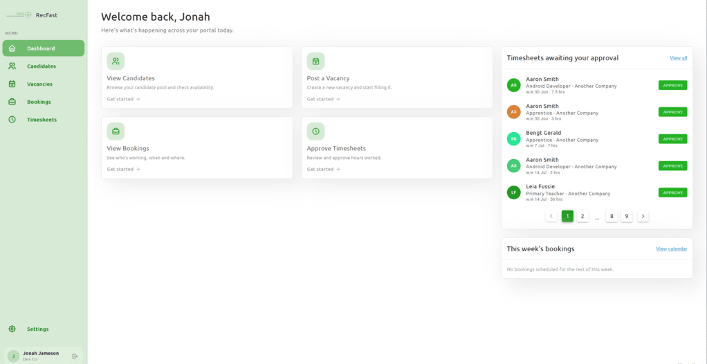 A client's branded TempAlly portal dashboard showing timesheets awaiting approval and this week's bookings