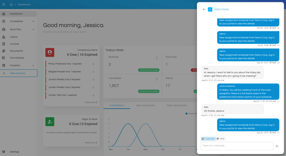 A TempAlly candidate message thread over SMS and live chat, shown alongside the agency dashboard